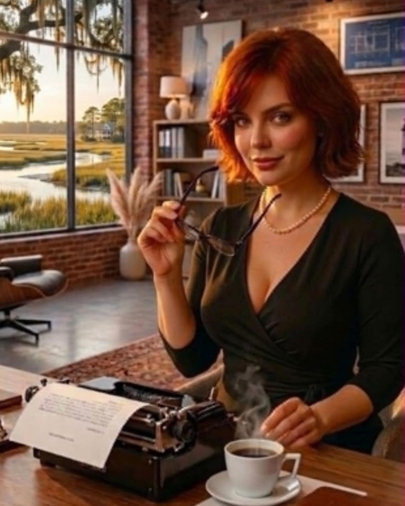 Sasha Harley author pic at typewriter in SC